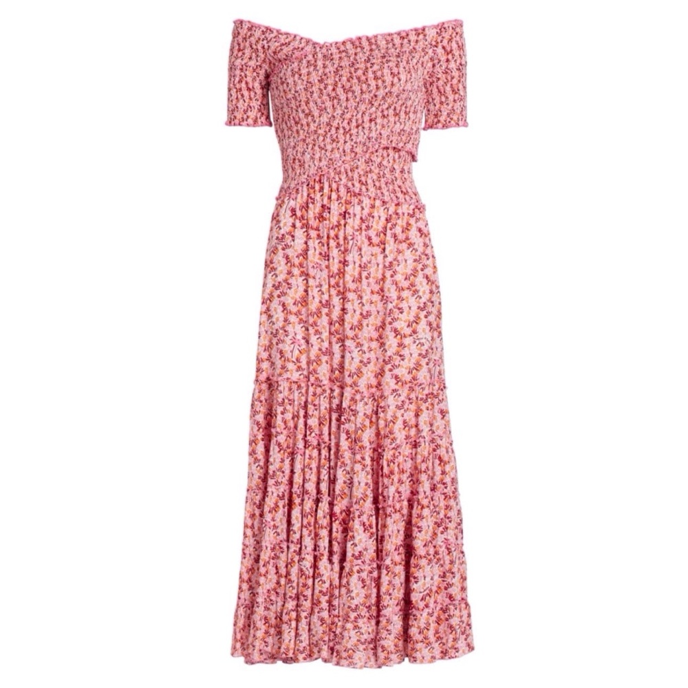 Poupette St Barth Soledad Smocked Midi Dress Pink Damask Floral Off Shoulder - Picture 1 of 16